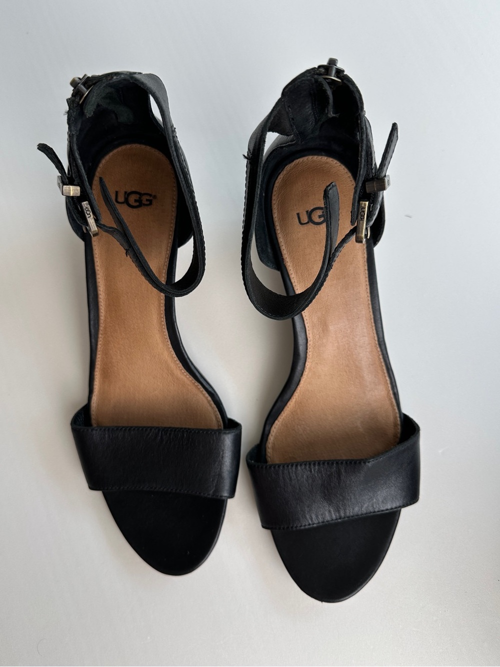 UGG Black Leather Open-Toe Ankle-Strap Heels 11